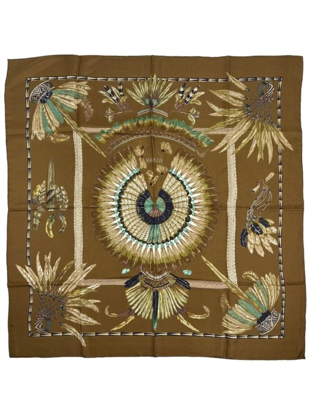Hermes Carre 90 Brazil Scarf Silk Brown Multicolor